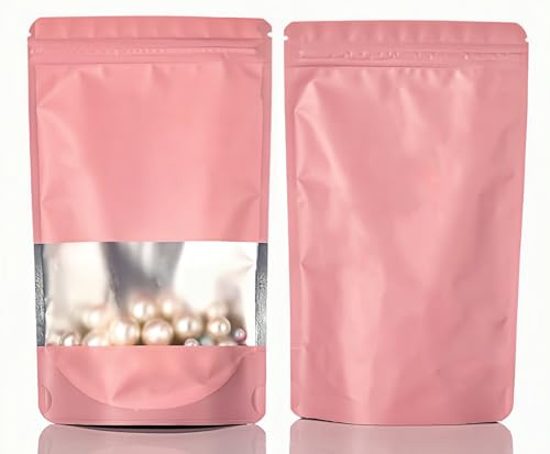 Rimiko 50 Pcs Sachets Alimentaires Debout avec Fenêtre Transparente, Sachet Zip Refermable Aluminium Stand up, Sac Pochette Mylar pour Conservation des Aliments (Rose,10x15cm)