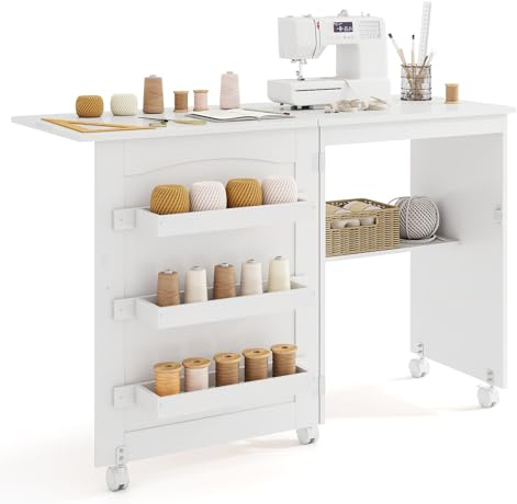 GIANTEX Armario de Costura Plegable con 5 Ruedas, Mesa de Coser con 3 Compartimentos y 1 Estante, Mueble para Máquina de Coser, Mesa Multifuncional para Manualidades, Ordenador (Blanco)