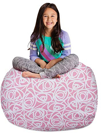 Posh Creations Kids Stuffed Animal Storage Bean Bag Chair Cover - Childrens Toy Organizer, Large-38in, Canvas Roses Pink