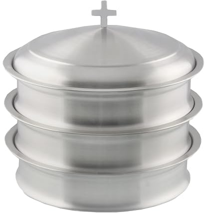 Mayur Exports Serviertablett für 3 Weine zur Heiligen Kommunion mit Deckel – Edelstahl, Silber, mattiert, Kirchenkommunionszubehör für religiöse Zeremonien.