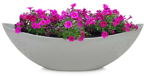 Ovale Pflanzschale für draußen - 1 Stk. große Schiff Deko-Schale in Stein-Optik hell-grau als Blumen-Topf Pflanztopf - 39 cm Jardiniere für Garten Balkon oder Friedhof als Grab-Schmuck