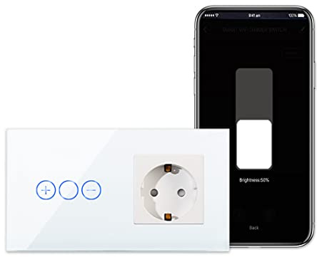 CNBINGO Smart WLAN Dimmschalter mit Schuko Steckdose unterputz Weiß | Glas Touch Lichtschalter Arbeit mit Alexa, Google Assistant - Wandschalter - Neutralleiter Wird Benötigt