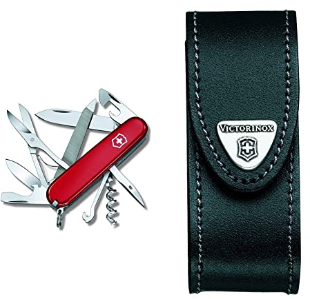 Victorinox Taschenmesser Mountaineer(18 Funktionen, Schere, Klinge, Schraubendreher, Metallsäge mit Feile)rot & Gürteletui aus Leder, Aufbewahrung Taschenmesser, mit Gürtelschlaufe und Druckknopf, rot