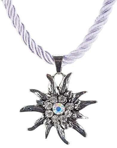 Trachtenkette Edelweiss Anhänger mit Kordellband diverse Farben Trachten Kette für Dirndl und Lederhose Trachtenschmuck (Weiss/Lila-Silber Stich)