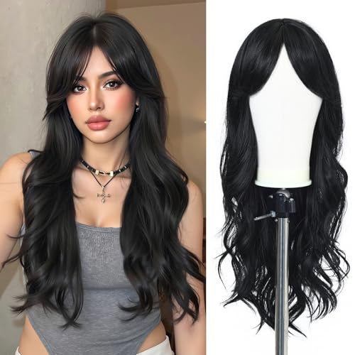 Esmee Lange Gewellte Schwarze Perücken für Frauen Synthetisches Brünettes Haar Perücke mit Fransen für die Tägliche Party Cosplay Verwendung-26 Zoll