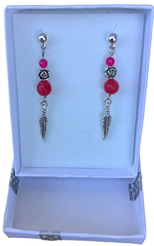 Anhur Pendientes Pluma con Ágatas Piedras Naturales en Verde Azul Rojo Negro Gris Camel Pendientes Colgantes Mujer con Cierre a Presión
