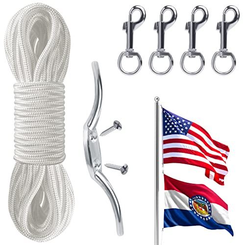 Flag Rope and Clips Kit - 50ft Flag Pole Rope Halyard with Cleat Hook & 4 Pcs Swivel Snap Clips for Flagpoles Up to 25ft, Outdoor Porch Flagpoles Repair Replacement Parts Accessories