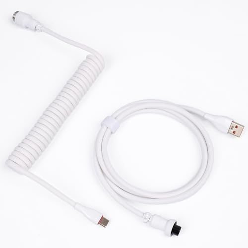 Sikai Coiled Cable USB C für Gaming Tastatur,Spiralkabel Tastatur,Spiral Zweiteilig einziehbar Curly Kabel Abnehmbarem Vergoldetes Luftfahrtstecker,Geflochtenes Kabel für Tastatur (Weiß)