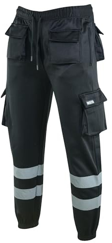 MS9 Mens Hi Viz Vis High Visibility Fleece Cargo Work Trousers Joggers H1 Black