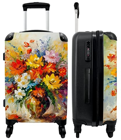 NoBoringSuitcases.com® Koffer groß Trolley Rollkoffer Reisekoffer mit 4 Rollen Fotokoffer - Blumen - Bunt - Ölfarbe - Blumentopf - 67x43x25cm - 90 Liter