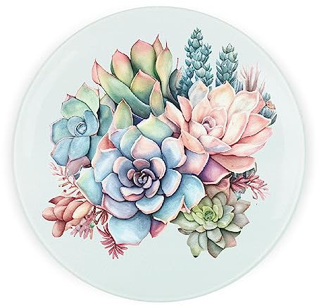 Plants Round Glass Worktop Saver - Pink & Green Succulents Gift for Plant Lovers - Textured Kitchen Chopping/Cutting Board Worktop Protector with Non-Slip Feet 30cm x 30cm (12 x 12)
