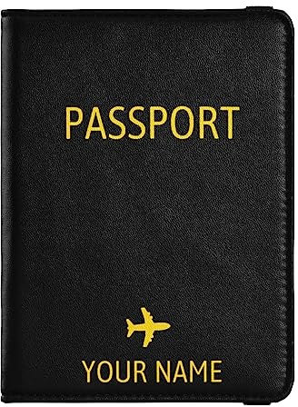 Personalisierte Reisepasshülle, Brieftasche, Kombi, individueller Name, PU-Leder, Reisepass, Impfkarten-Schutz für Frauen und Männer, Reisegeschenk, Flugzeug, Schwarz, Einheitsgröße
