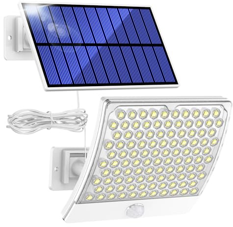 PQP Solarlampen für Außen, 105 LED Solarleuchten Aussen mit Bewegungsmelder, IP65 Wasserdicht,125°Beleuchtungswinkel, Solar Wandleuchten für Garten mit 5m Kabel