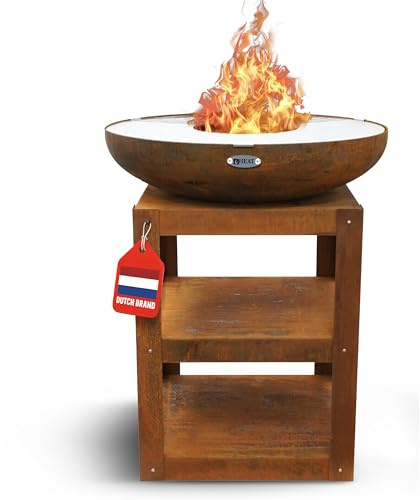 Brasero Barbecue Bakka de Heat - Plancha en Acier avec Socle Stockage de Bûches - Ø 80x100 cm - Cuisine d'Extérieur Desig - 80x80x100 cm