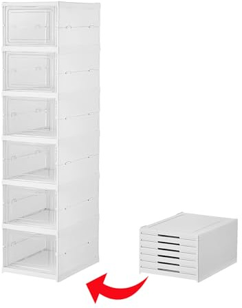 Skoarrangör i plast – stapelbara och vikbara 6-facks skoboxar för garderoben, tydliga och platsbesparande behållare för sneakers, ingen montering krävs