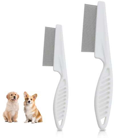 LuckyOpt Hundeflohkamm, 2 Stück Edelstahl Flohkamm für Katzen Hunde mit rutschfestem Griff, Hundepflegekamm zum Entfernen von Tränenflecken, Läuse und Tangles für Hunde und Katzen (weiß)