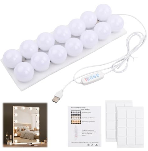 Pagezol 14 Bulbs Hollywood Style LED Makeup Lights with USB Cable, Vanity Mirror Lights Kits, 3 Colour Changing & 9-Level Brightness, Make up Light for Dressing Table Room, Bathroom, Bedroom