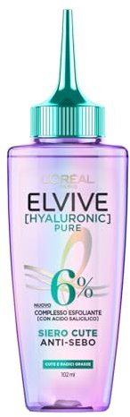 L'Oréal Paris Elvive Siero Cute Anti-Sebo, Per Cute e Radici Grasse, Azione Purificante, Cute Pulita Fino a 72h, Con Acido Salicilico e Acido Glicolico, Hyaluronic Pure, 102 ml