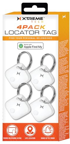 Xtreme Locator Tag 4-Pack Compatible with Apple Find My App (iOS only) Bluetooth Item Finder with Keychain, Key Finder, Live Location Tracker, 100dB Alert Ring, for Wallet, Keys, Pets, & Suitcases