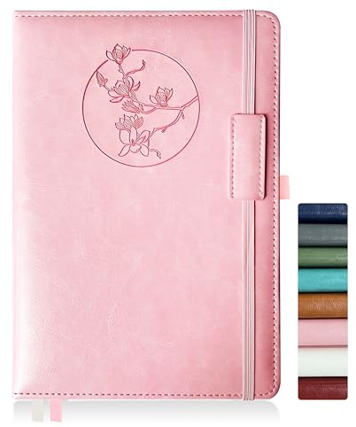 Qefuna Cuaderno de notas para mujeres y hombres, 256 páginas A5 cuadernos de notas de cuero, diario de rayas/cuaderno con papel 100Gsm, soporte para bolígrafo 5.8×8.4(Rosa)
