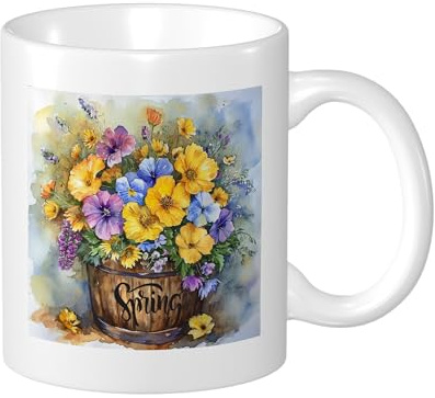 Spring Pansy Mug BeautifulFloral Watercolor Petal Rustic Farmhouse Yellow Ceramic Tea Cup Coffee Mug for Office and Home Outdoor Table With Handles Kitchen Tea Steeping Coffee Mug 11 Ounce