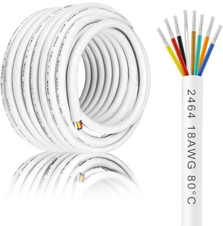 100FT/30M 18 Gauge Wire 8 Conductor Electrical Wire, 18AWG White Thermostat Wire PVC Stranded, 18/8 Low Voltage Extension Cable for LED Lighting, Automotive Wires