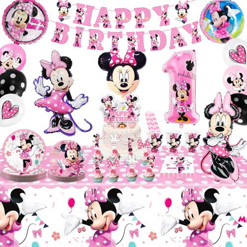 Partygeschirr 109 Stück Minnie Geburtstagsdeko Mädchen Junge Deko 1 Jahre, Thema Kindergeburtstag Luftballons Decoration Minni Partygeschirr Deko Set mit Luftballons Banner Teller Tortendeko