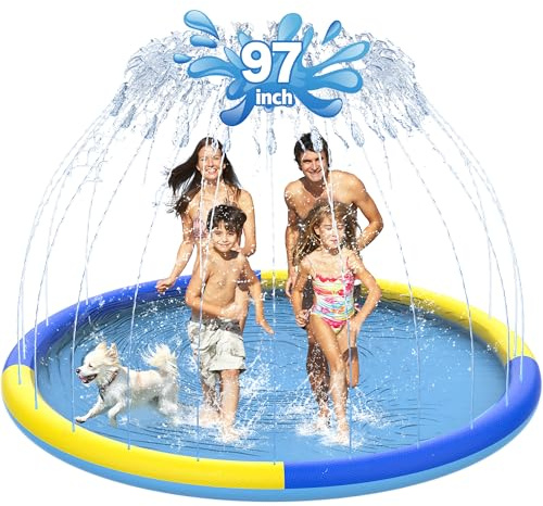 CACSPS 97 Non-Slip Splash Pad for Kids and Dog, Thicken Sprinkler Pool Summer Outdoor Water Toys, Extra Large Backyard Wading Pool for Children Boys & Girls or Pet Dog (Blue&Yellow)