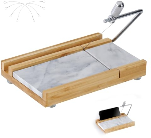 Käsehobel, Käseschneider mit 4 Ersatzschneidedraht, robust, 21 x 13,8 cm, Marmorbrett, Käsehobel für Blockkäse, Butter, Wurst, Kuchen und mehr (weißgrau)