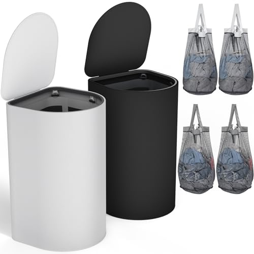 HELLKOPF 2er Pack Wäschekorb mit Deckel 140L Groß Kapazität - Wäschesammler mit 2 Fächer zum Sortieren der Schmutzwäsche, 4 Abnehmbar Innensäcke, Laundry Baskets Einfach Montieren, SchwarzHellgrau