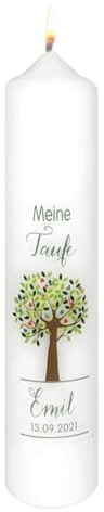 Wiedemann Kerzen Taufkerze 265 x Ø 60 mm in Weiß Meine Taufe mit Lebensbaum und Namensverzierung