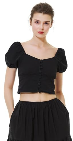 BEAUTELICATE Damen Crop Top Kurzarm Baumwolle Schulterfrei Bardot Bluse Renaissance Knopfleiste Oberteile Trachtenbluse Off-Shoulder Korsett Oberteil (Schwarz, M)