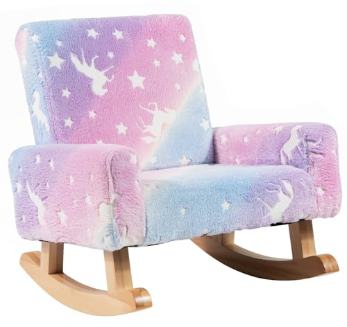 COSTWAY Fauteuil à Bascule Enfant Lumineux (Brillant dans Le Noir) avec Motif de Licorne, Chaise à Bascule en Bois avec Dossier & Accoudoirs Confortable, Charge 45kg pour Garçon Fille de 3-5 Ans
