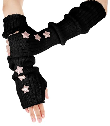 Xinjoduz 2 Stück Armwärmer Stricken Y2k Armstulpen Damen Schwarz Lang Fingerlose Handschuhe Lange Arm Stulpen Sternmuster Fingerlose Arm Stulpen Daumenloch Dehnbare Handschuhe für Cosplay