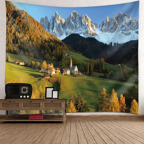 Lirzxin Tapisserie Wandbehang Wald Natur, Wandtuch Grün Blau Wald Berg Landschaft Wandteppiche Tapisserie für Schlafzimmer Tagesdecke Zimmer Wohnzimmer Wanddeko, 240x220CM