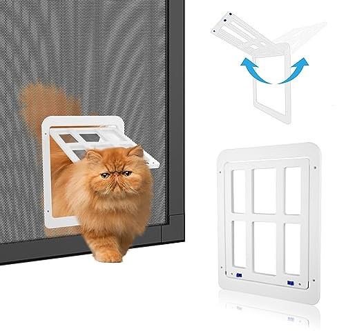 Billionchains Katzenklappe Fliegengitter für Schiebetür Automatischen Verschluss Katzenklappe für Fliegengittertüren Abschließbar Geeignet für Katzen/Welpen, Weiß