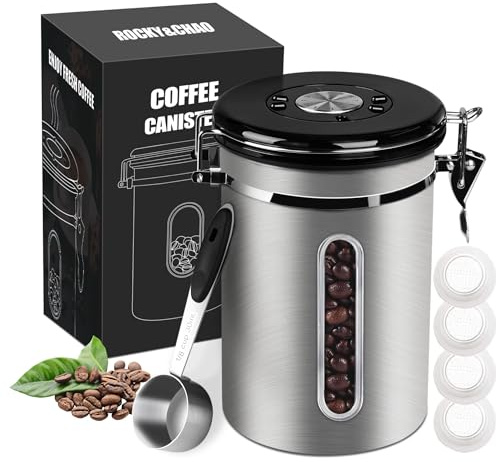 1800ML Coffee Canister with Window, Airtight Stainless Steel Kitchen Food Storage Container, Date Tracker and Scoop for Grounds Coffee Bar Accessories, Beans, Tea, Flour, Cereal, Sugar, 22OZ, Silver