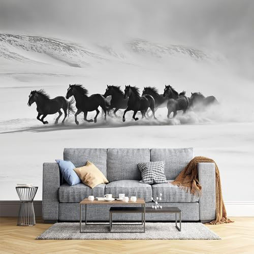 Fotomural Pared Caballos Campo De Nieve Fotografía Moderna| Fotomural Para Paredes | Mural | Foto Mural Decorativo | Varias Medidas 260X175Cm | Decoración Comedores, Salones, Habitaciones
