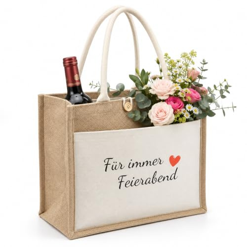 MOAZIFI Renteneintritt Geschenk Frau, Jutetasche ist mit dem Schriftzug, Für immer Feierabend“ Aufgedruckt, Rentner Geschenk Frau, Geschenke für Renteneintritt