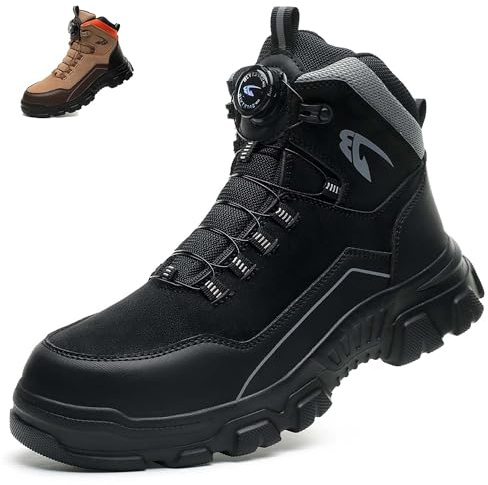 COOU Sicherheitsstiefel Herren Wasserdichte Arbeitsschuhe Damen Leicht Sicherheitsschuhe Rutschfest Drehverschluss Stahlkappenschuhe Schwarz 44/C26