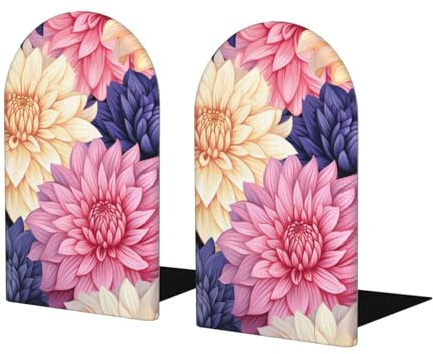 Mexpekil Lot de 2 serre-livres en bois avec motif de dahlia coloré pour étagères, serre-livres antidérapants pour bureau, bibliothèque, école, chambre d'enfant