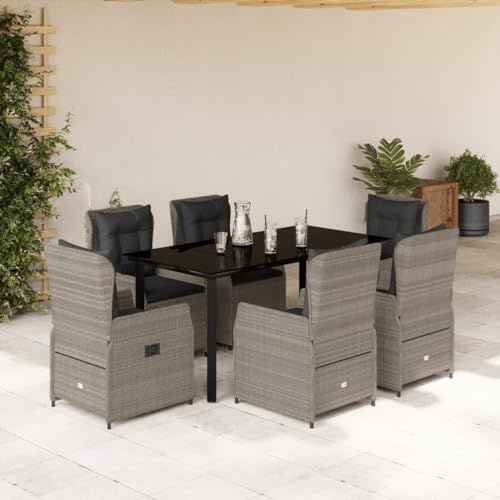 IKAYAA Gartenmöbel Set mit Tisch und 6 Verstellbare Hochlehner Stühlen, Polyrattan Sitzgruppe für 6 Personen, Essgruppe für Garten Terrasse, inkl. Sitzkissen Hellgrau 7-TLG