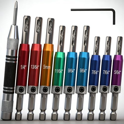 9PCS Hinge Drill Bit Set with Automatic Center Punch, Self Centering Drill Bit Set 1/4 Hex Shank for Hinges Hardware Pilot Hole Drill Bit Cabinet Wood Window, 5 Spring Loaded Center Punch