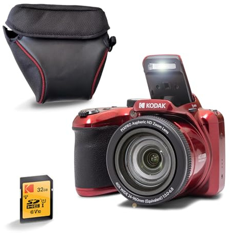 KODAK Pixpro AZ405 Bridge 20MP, Zoom X40, Gran Angular 24 mm, Full HD 1080p, OIS, LCD de 3 Pulgadas, Funda + Tarjeta SDHC 32 GB U1, Pila AA - Rojo