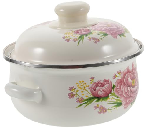 Mobestech Marmite Émail à Fond Plat Marmite à Soupe Avec Deux Ustensile De Cuisine Pour Nouilles Soupes Motif Floral Aléatoire