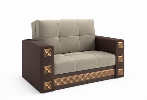 LIKMA Manila 2-Sitzer 141 cm Schlafsofa Dunkelbeige/Braun, Schlafcouch mit Bettkasten – bodenschonender Klappautomat ohne Rollen, HR-Schaum, Gästebett, Liegefläche 110 × 188 cm