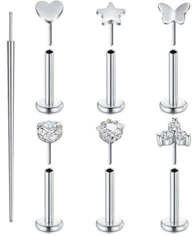 Longita 6 Stück Helix Piercings Ohr Chirurgenstahl Tragus Labret Piercing Monroe Medusa Nasenpiercing Stecker mit Herz, Schmetterling & Stern Hypoallergener Körperschmuck mit Zirkonia 8MM