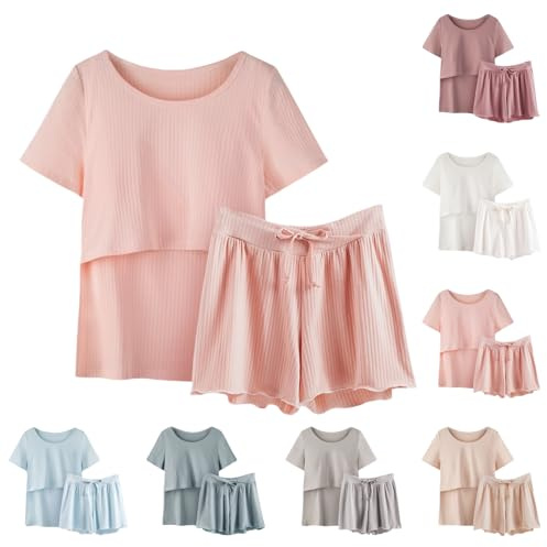 Generico Donna Pigiama Premaman Allattamento Cotone e Camicia da Notte Donna Estiva, Completo Due Pezzi per Parto Ospedale e Post Parto, Abbigliamento maternità con Manica Corta e Pantaloncini