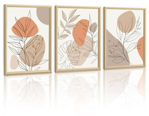 WENGTIAO Leinwand Bilder mit Rahmen Boho Abstrakt Pflanzen Wandbilder | Beige Orange Minimalistische Blätter Bild auf Leinwand für Modern Wohnzimmer Schlafzimmer Flur Treppe Wanddeko 30x40cmx3