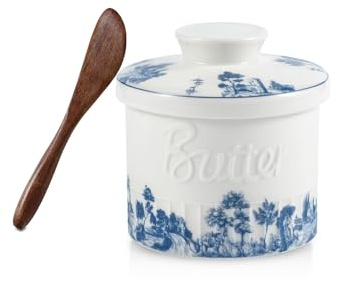 WIFORH French Design Ceramic Butter Crock, Rustic Countryside Scene Dish, White Airtight Water Seal for Spreadable Butter, Countertop Butter Crock with Lid